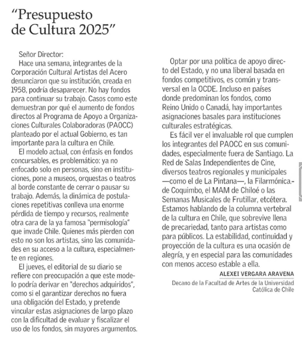 "El modelo actual, con énfasis en #fondosconcursables, es problemático: ya no enfocado solo en las personas, sino en instituciones, pone a museos, orquestas o teatros al borde constante de cerrar o pausar sus trabajos", Decano Alexei Vergara #PresupuestoCultura 2025, #ElMercurio