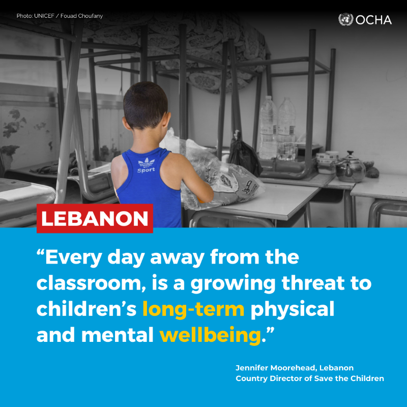 OCHALebanon's tweet photo. The conflict in #Lebanon has pushed many children out of school, adding to the challenges they’ve faced for years in successive crises.

Children urgently need access to safe spaces &amp;psychosocial support, as the conflict severely affects their well-being &amp;future.

Latest Update⤵️