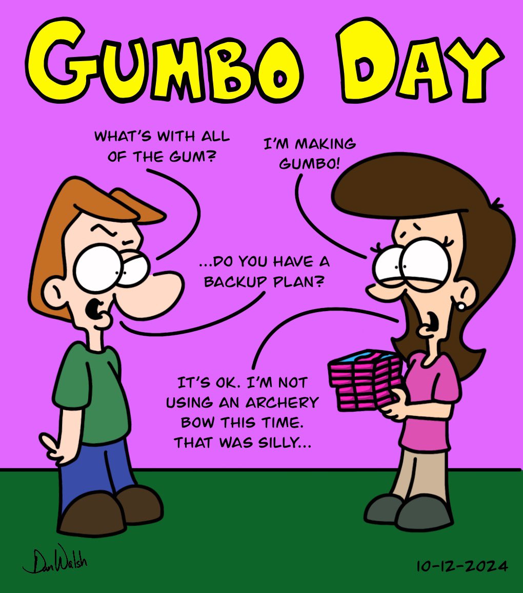 DanWCaricature's tweet photo. Nothing like a good gumbo…without the gum…Like and Share!
https://t.co/WwHsCFkivB
#danwdrawings #artoftheday #cartoonart #cartoons #digitalart #comics #cartooning #comicart #cartoondrawing #cartoonstyle #drawingablank #daysoftheyear #gumboday #gumbo #food #gum #bow #cajun https://t.co/O34tScS3c3