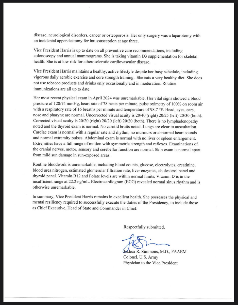 IanSams's tweet image. New &amp;gt;&amp;gt; VP Harris has released a report detailing her medical history and health information

“She possesses the physical and mental resiliency required to successfully execute the duties of the Presidency,” her physician says

Your turn, @realDonaldTrump