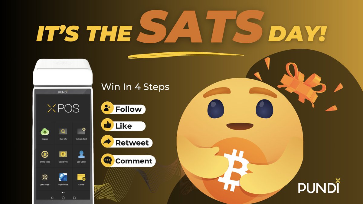 Pundi X Labs (@pundixlabs) on Twitter photo It's #SATSDay, and we are hosting #Bitcoin Giveaway!
⚡️ We are giving 10,000 Sats to 3 lucky winners!
🚀 Here is how to take part:
1️⃣ Follow <a href="/PundiXLabs/">Pundi X Labs</a>
2️⃣ Like
3️⃣ Retweet
4️⃣ Comment: "#PundiX" & tag 2 friends
Winners will be announced 20th October!
#Giveaways #BTC It's #SATSDay, and we are hosting #Bitcoin Giveaway!
⚡️ We are giving 10,000 Sats to 3 lucky winners!
🚀 Here is how to take part:
1️⃣ Follow <a href="/PundiXLabs/">Pundi X Labs</a>
2️⃣ Like
3️⃣ Retweet
4️⃣ Comment: "#PundiX" & tag 2 friends
Winners will be announced 20th October!
#Giveaways #BTC