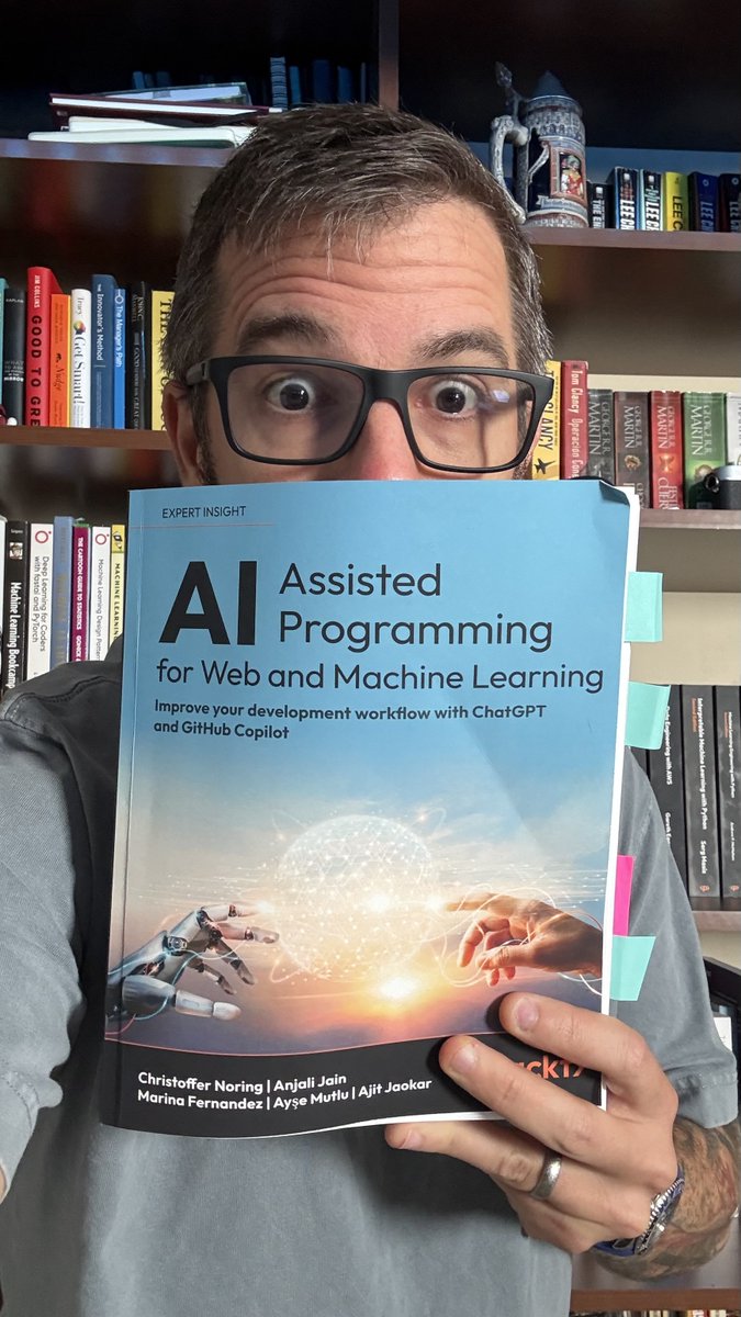 svpino's tweet image. This is the first book I'm aware of that will help you learn how to use AI for programming.
This is for developers. I can summarize the book in four main points:
1. You'll learn how to use GitHub Copilot
2. You'll learn how to use ChatGPT for coding
3. You'll learn a few prompt…