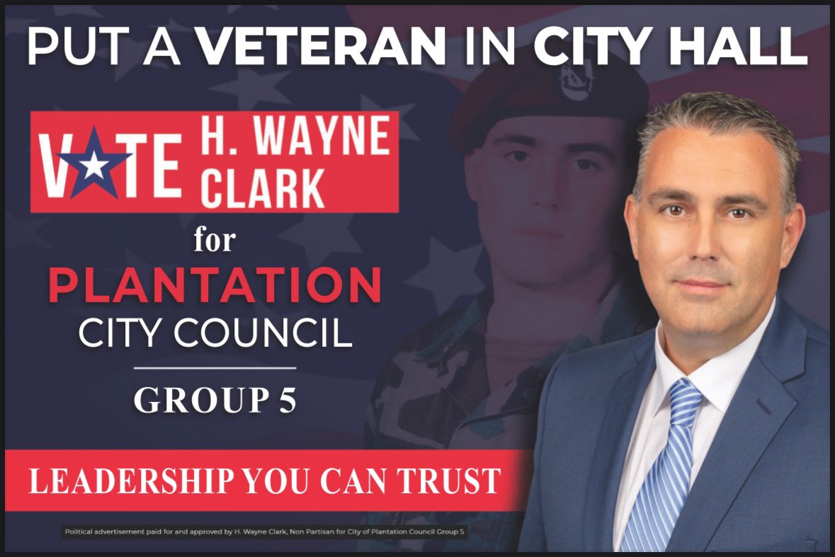 ElectWayneClark's tweet photo. Leadership matters! 

Plantation elect someone who will address the homeless issues, traffic congestion, unreasonable overdevelopment and shows financial leadership!

#plantationforwayne
#TeamWayne
#Vote2024
#Election2024 https://t.co/B13Oindth4
