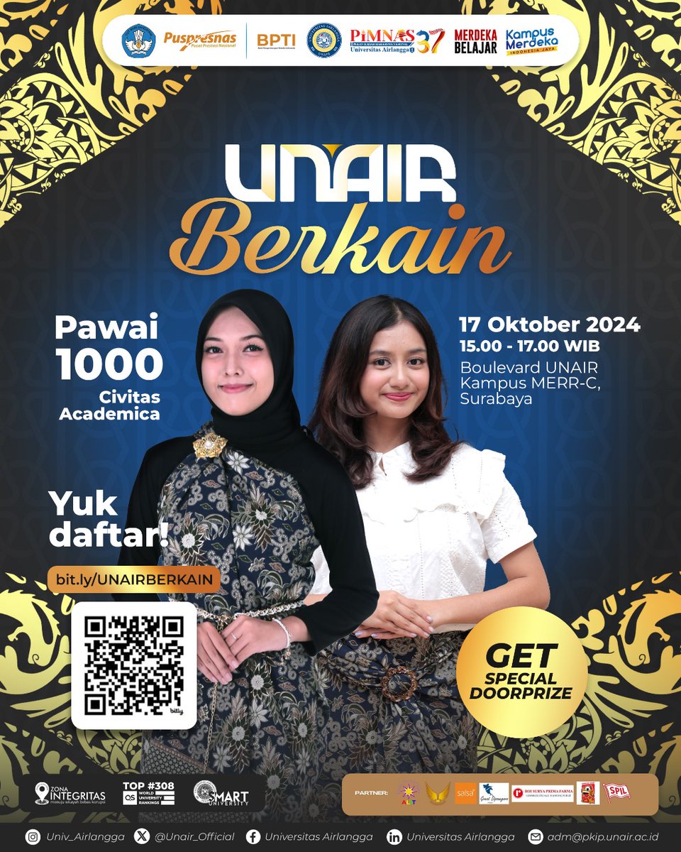 Dalam setiap corak dan warna, terdapat jiwa dan tradisi 😍

Semarakkan PIMNAS dengan semangat kolaborasi dan inovasi. Tunjukkan outfit berkain terbaikmu untuk dapatkan doorprize spesial! 🎁💗

🗓️: Kamis, 17 Oktober 2024
⏰: 15.00 -17.00 WIB
📍: Boulevard UNAIR Kampus MERR-C