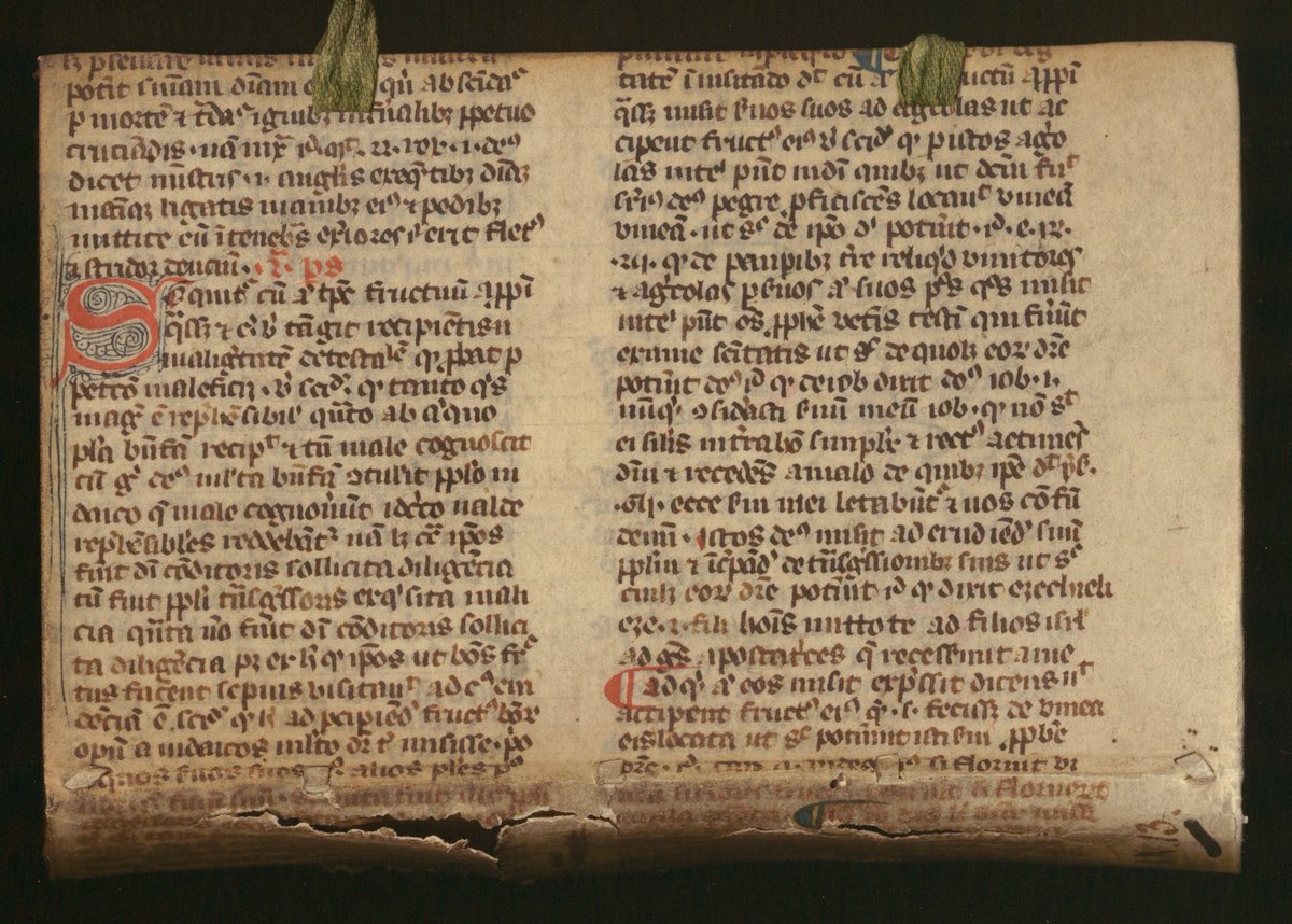 Book cover made from a MS leaf of Philippus de Monte Calerio's Sermones quadragesimales. The sermons were composed around 1330, so this must be a copy from the author's life time or very close to it. (<a href="/UBBasel/">UB Basel</a>, UBH Aleph D IX 13) #fragmentology
e-rara.ch/bau_1/content/…