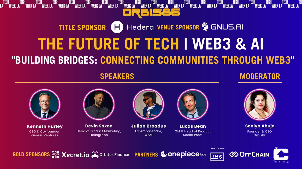 ✨ Orbis86: The Future of Tech - Web3 x AI at hashtag#LATechWeek 🌐💡 

The future is now! Join Orbis86 at hashtag#LATechWeek for an extraordinary event where Web3 and AI unite to shape the next wave of tech innovation. 🎮 

📅 Date: Monday, October 14 
🕔 Time: 5:00 PM - 8:00 PM