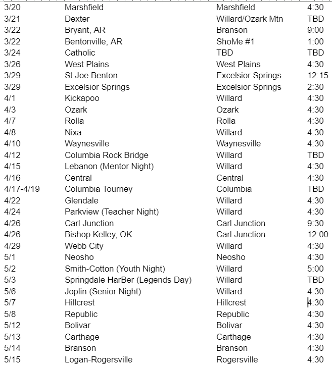 ScottMcGee8's tweet photo. Willard Baseball 2025 Varsity schedule. Excited for season to get here! https://t.co/GWwIHoeZWt
