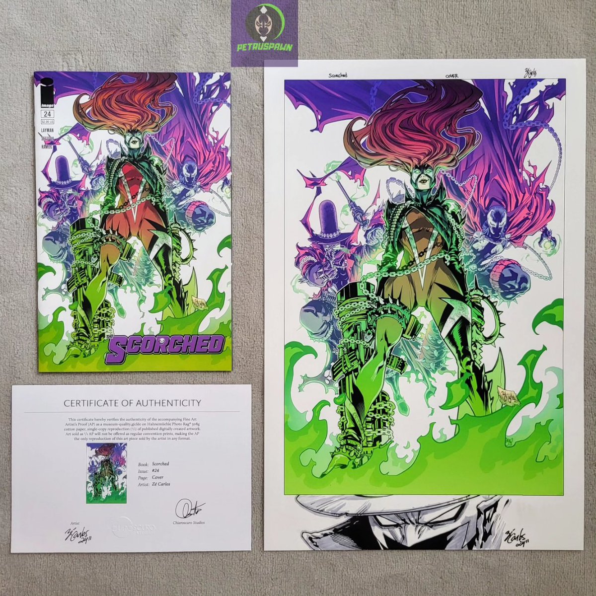 Original art from <a href="/Ze_Carlos_art/">ZeCarlos_ComicArtist</a> for Scorched issue 24.
The colors are really popping out in the Artist Edition compared to the comics, almost fluorescent 😍

#spawn
#spawncomics
#thescorched
#originalcomicsart