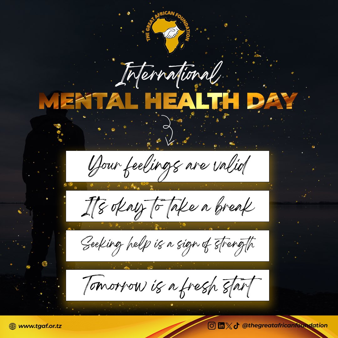 TGAFoundation_'s tweet photo. Happy International Mental Health Day!

Your mental health matters, today and every day. Remember:

1. Your feelings are valid.
2. It’s okay to take a break.
3. Seeking help is a sign of strength.
4. Tomorrow is a fresh start.

#MentalHealthMatters #BreakTheStigma #SelfCare https://t.co/QnNLRUWQIZ