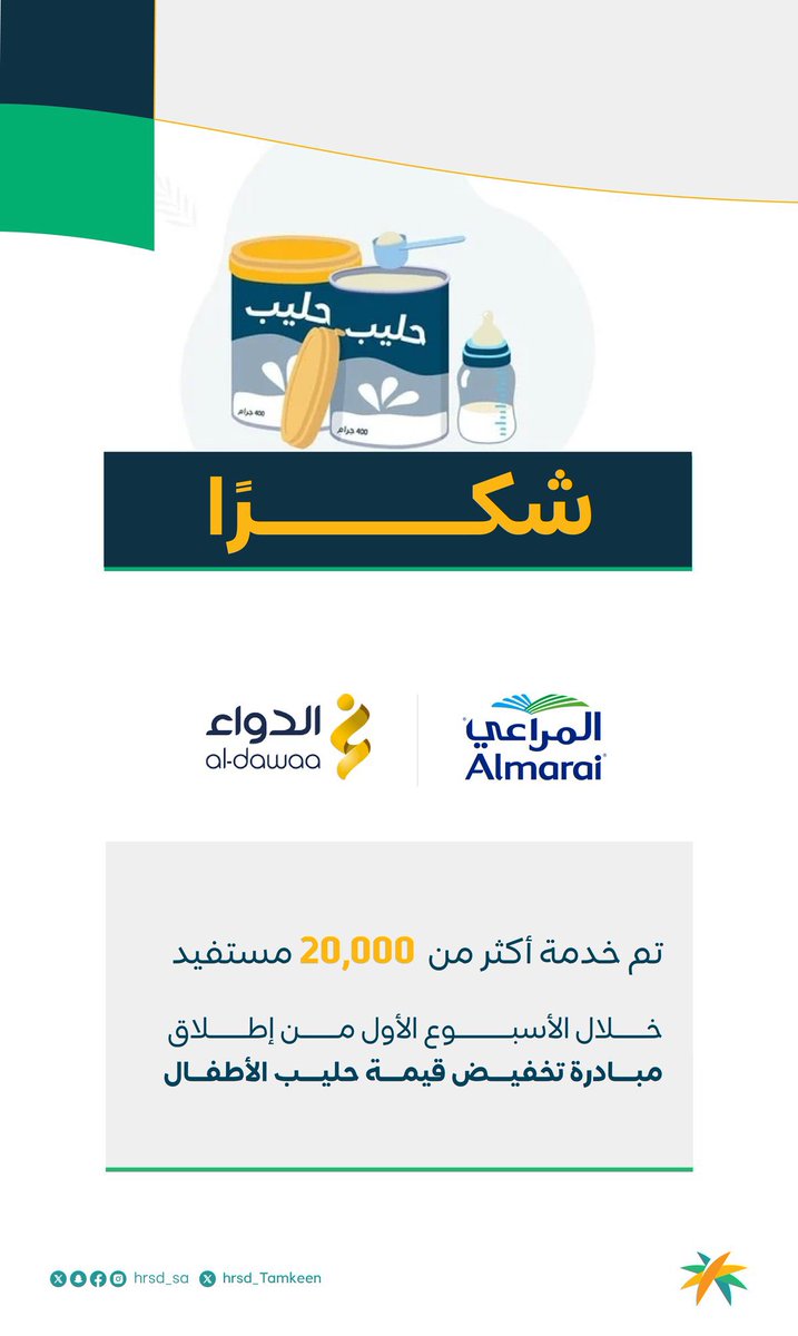 شكراً لشركاء النجاح في مبادرة
 " تخفيض قيمة حليب الأطفال " 

المقدمة بإشراف 
#وزارة_الموارد_البشرية_والتنمية_الاجتماعية
#الضمان_الاجتماعي