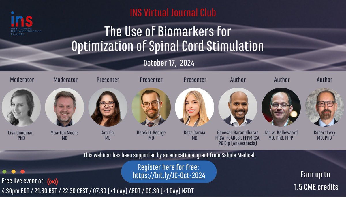 Derek George, MD (@derekgeorgemd) on Twitter photo Please join us on Thursday, Oct. 17 for the next <a href="/IntlNeuromod/">International Neuromodulation Society</a> Virtual Journal Club. Going to be an exciting discussion of biomarkers and next-generation stimulation #technology
Registration: bit.ly/JC-Oct-2024 Please join us on Thursday, Oct. 17 for the next <a href="/IntlNeuromod/">International Neuromodulation Society</a> Virtual Journal Club. Going to be an exciting discussion of biomarkers and next-generation stimulation #technology
Registration: bit.ly/JC-Oct-2024