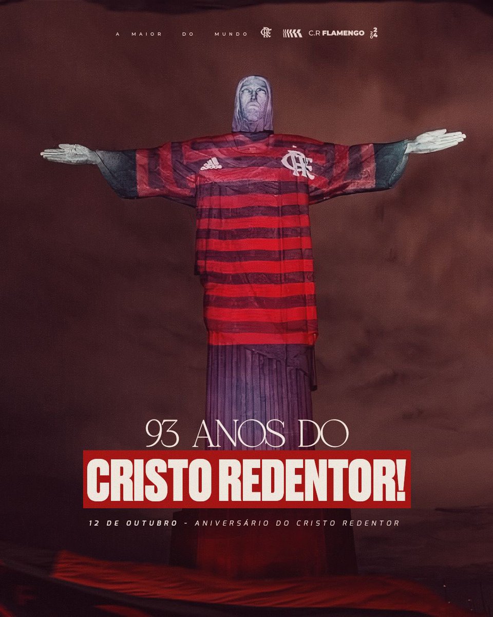 Flamengo's tweet photo. 9️⃣3️⃣ anos do nosso Cristo Redentor! 🎂👏🏿❤️🖤

Em 2019, ele vestiu o Manto Sagrado a um dia da final da Libertadores! Quem lembra? 

📸 Bruno Ryfer / Adidas 

#CRF https://t.co/Bj9hPpVzy6