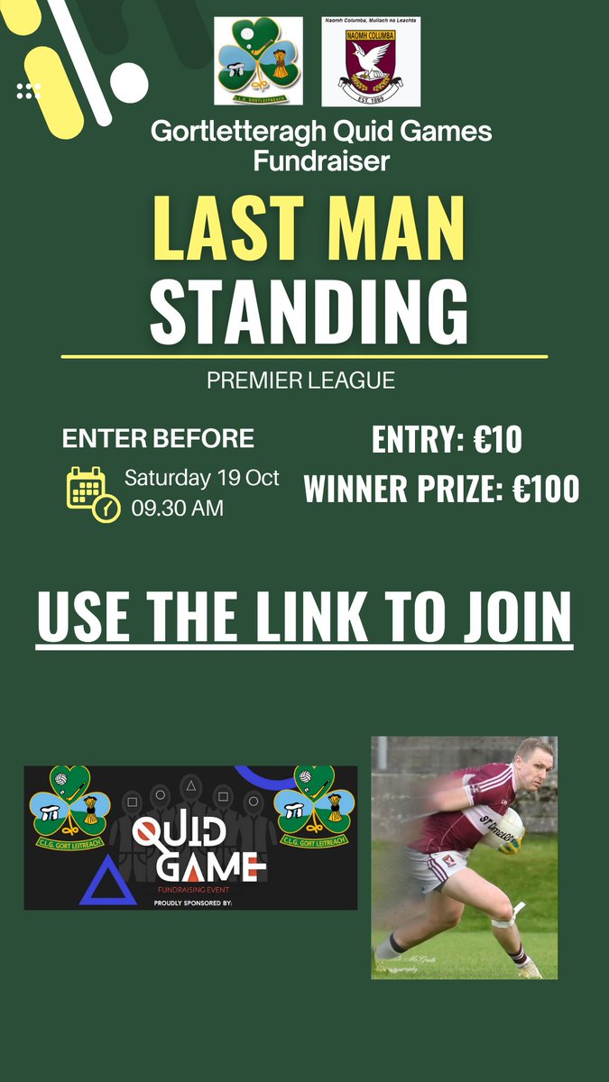 Paddy Fox (@padfox7) on Twitter photo Hi Everyone,
I'm running a Last Man Standing as a Fundraiser for the <a href="/Gort_GAA/">Gortletteragh GAA</a> Quid Games next weekend & I'm playing for <a href="/TheLaurelsM/">Mullinalaghta GAA</a> . ā¬10 entry & a cash prize for the winner! Just use this link to join:
klubfunder.com/.../Mul.../Quiā¦
Any support greatly appreciated! Hi Everyone,
I'm running a Last Man Standing as a Fundraiser for the <a href="/Gort_GAA/">Gortletteragh GAA</a> Quid Games next weekend & I'm playing for <a href="/TheLaurelsM/">Mullinalaghta GAA</a> . ā¬10 entry & a cash prize for the winner! Just use this link to join:
klubfunder.com/.../Mul.../Quiā¦
Any support greatly appreciated!