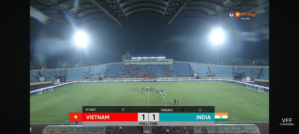 Navinsports's tweet photo. It's a hard fought Draw for Blue Tigers 🇮🇳 vs #116 🇻🇳!
For me it's a good  Result !
But Some couple of players don't deserve NT Jersey !
Also Farukh is a gem he needs more such matches the boy has enough Composure &amp; Patience.
#INDVIE | #IndianFootball https://t.co/VwR4mis4fE