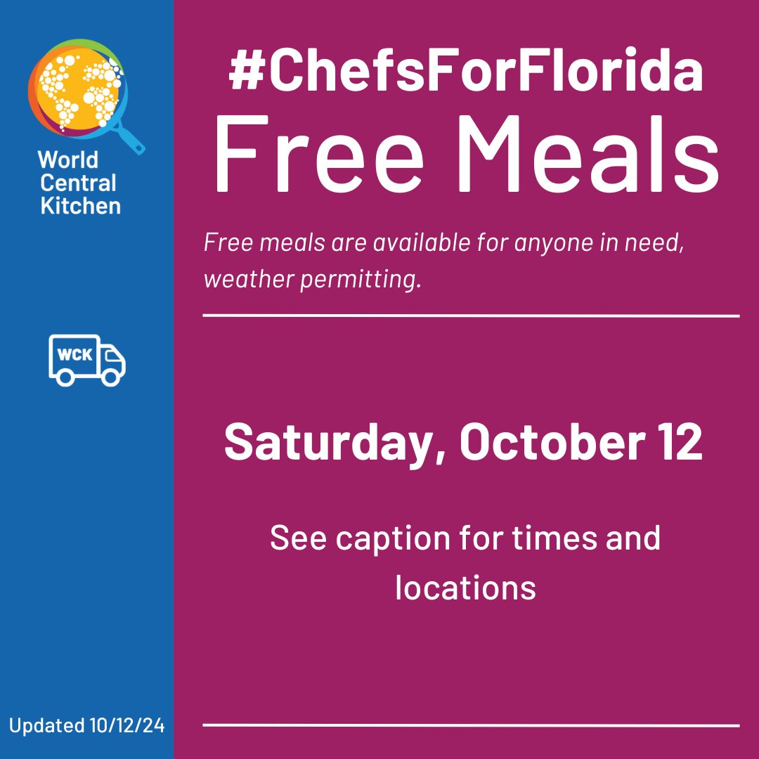 WCKitchen's tweet image. WCK will have free meals available today, Saturday, October 12th, at the following locations in Florida for community members impacted by #HurricaneMilton. Share with anyone in the area in need of support:

Treasure Island Beach
Walgreens Parking Lot
10551 Gulf Blvd,
Treasure…