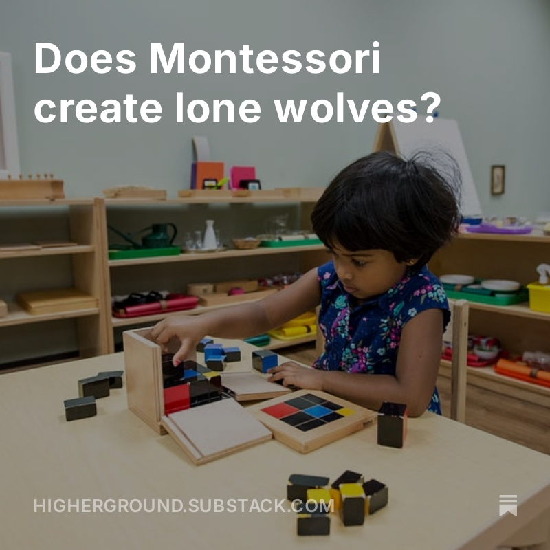 In Montessori classrooms, children ages 0-6 predominantly learn and work *alone* not in groups. 

Instead of creating socially-stunted children, it's exactly what they need to become benevolently social.

Link in replies: