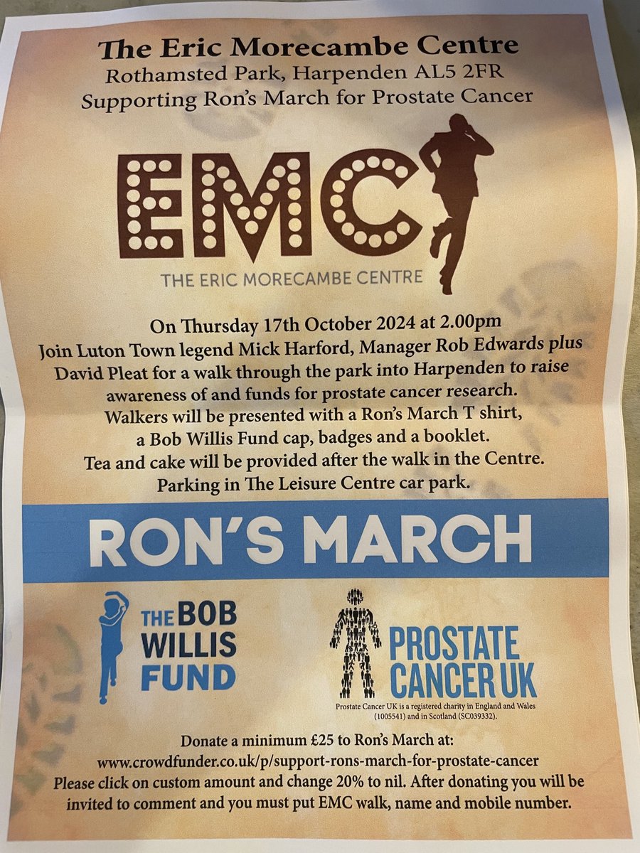 Mickharford's tweet photo. Get your walking shoes ready. Looking forward to Rob’s march from the EMC in Harpenden on Thursday17th October 2pm. Please support such a great cause as we try to raise awareness of Prostate Cancer #COYH https://t.co/aPs6djT4GM