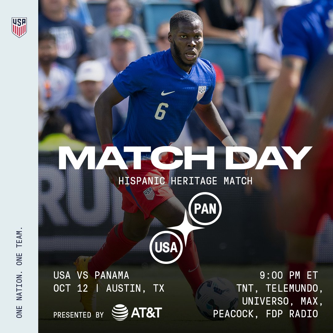 MATCH DAY AT LAST!  

Hispanic Heritage Match pres. by <a href="/ATT/">AT&T</a> 

🇺🇸 USA vs. Panama 🇵🇦
📍 Austin, Texas 
📺 TNT, Telemundo, Universo
🖥️ Max, Peacock

Match Preview » ussoc.cr/HHMPreview