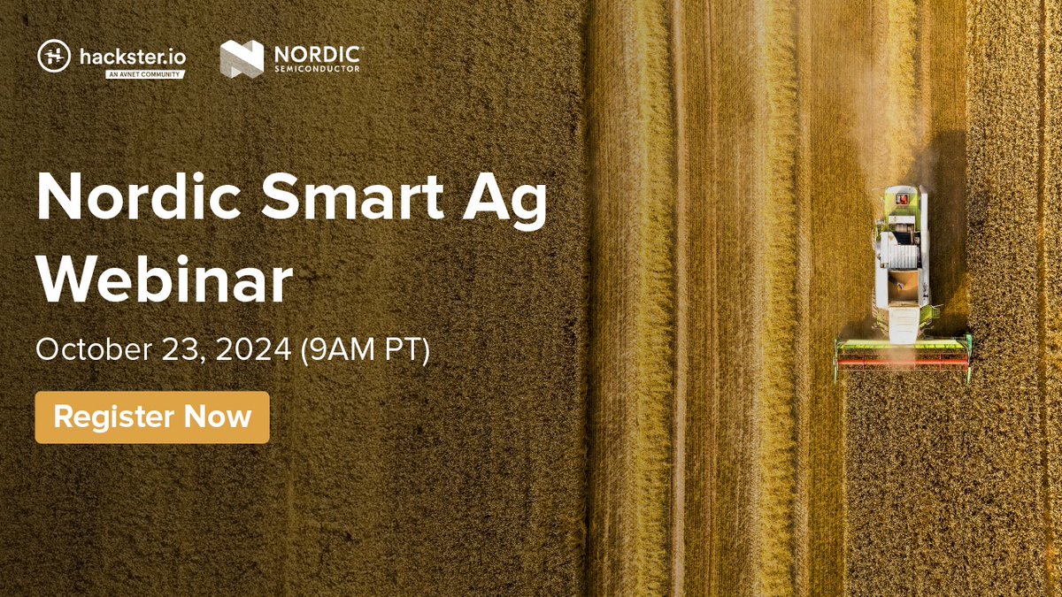 Hackster.io (@hacksterio) on Twitter photo Join our webinar on October 23rd as <a href="/NordicTweets/">Nordic Semiconductor</a> digs into how Smart Ag applies technologies and solutions to more efficient methods of growing and distributing food, optimizing yields, and minimizing the resources needed to feed our population.
// 🌾 events.hackster.io/impactspotligh… Join our webinar on October 23rd as <a href="/NordicTweets/">Nordic Semiconductor</a> digs into how Smart Ag applies technologies and solutions to more efficient methods of growing and distributing food, optimizing yields, and minimizing the resources needed to feed our population.
// 🌾 events.hackster.io/impactspotligh…