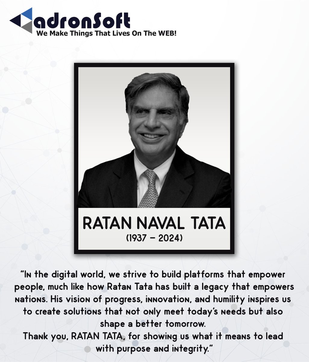 adronsoft's tweet photo. Thank you, Ratan Tata, for showing us what leading with purpose and integrity means."

#ratantata #delhi #adronSoft #webdevelopmentcompany #India2024 https://t.co/rrJhOHprTO