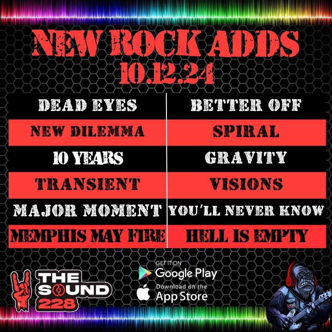 The Sound (@thesound228) on Twitter photo New Rock Adds!
<a href="/deadeyesmd/">DEAD EYES</a> - “Better Off”
<a href="/NEWDILEMMABAND/">NewDilemmaOfficial</a> - “Spiral”
<a href="/10years/">10 Years</a> - “Gravity”
<a href="/transient_nola/">Transient</a> - “Visions”
<a href="/majormomentband/">Major Moment</a> - “You’ll Never Know”
<a href="/MemphisMayFire/">Memphis May Fire</a> - “Hell Is Empty”
Get your requests in! linktr.ee/TheSound228
#newmusic #newrock #hardrock New Rock Adds!
<a href="/deadeyesmd/">DEAD EYES</a> - “Better Off”
<a href="/NEWDILEMMABAND/">NewDilemmaOfficial</a> - “Spiral”
<a href="/10years/">10 Years</a> - “Gravity”
<a href="/transient_nola/">Transient</a> - “Visions”
<a href="/majormomentband/">Major Moment</a> - “You’ll Never Know”
<a href="/MemphisMayFire/">Memphis May Fire</a> - “Hell Is Empty”
Get your requests in! linktr.ee/TheSound228
#newmusic #newrock #hardrock