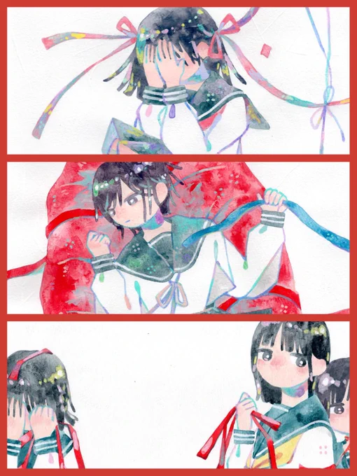 #三連休はフォロワーさんが増えるらしい 
アクリルガッシュでセーラー服の少女たちを描いています🌷 