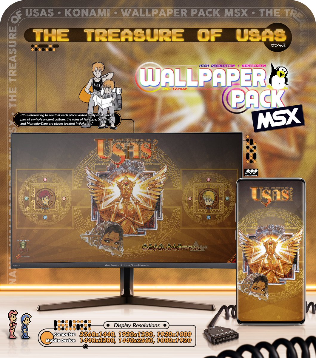 Pack de fondos para PC y smartphone.

- The Treasure of Usas / ウシャス
- Konami, 1987

Más info y descargas aquí:
deviantart.com/kontxouso/art/…
#MSX #wallpaper #KONAMI