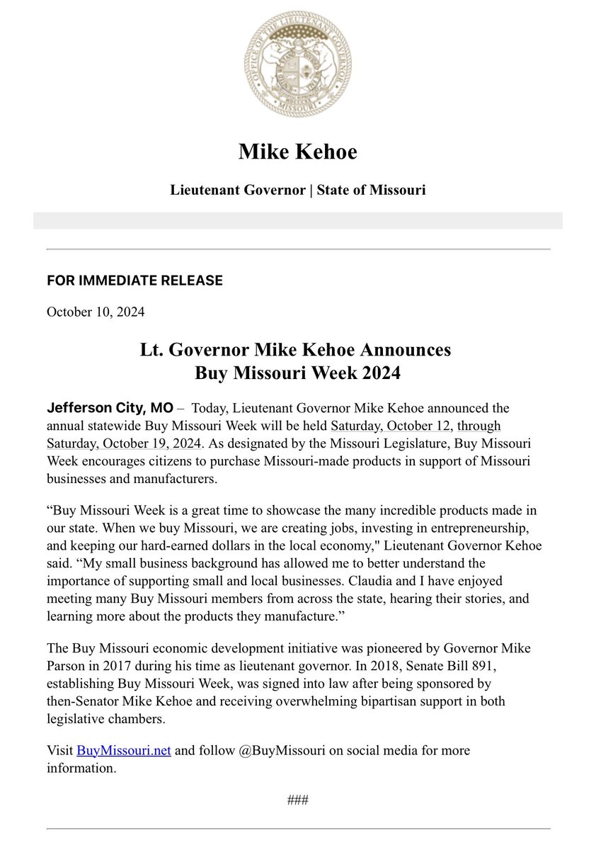GovMikeKehoe's tweet photo. It is @BuyMissouri Week! Throughout this week, I encourage you to support and celebrate the many local businesses and manufacturers in Missouri. 

Over the years, @ClaudiaLKehoe and I have enjoyed meeting many #BuyMO members from across the state, hearing their stories, and learning more about the products they create.

🔗 https://t.co/FjBGG4BpSm