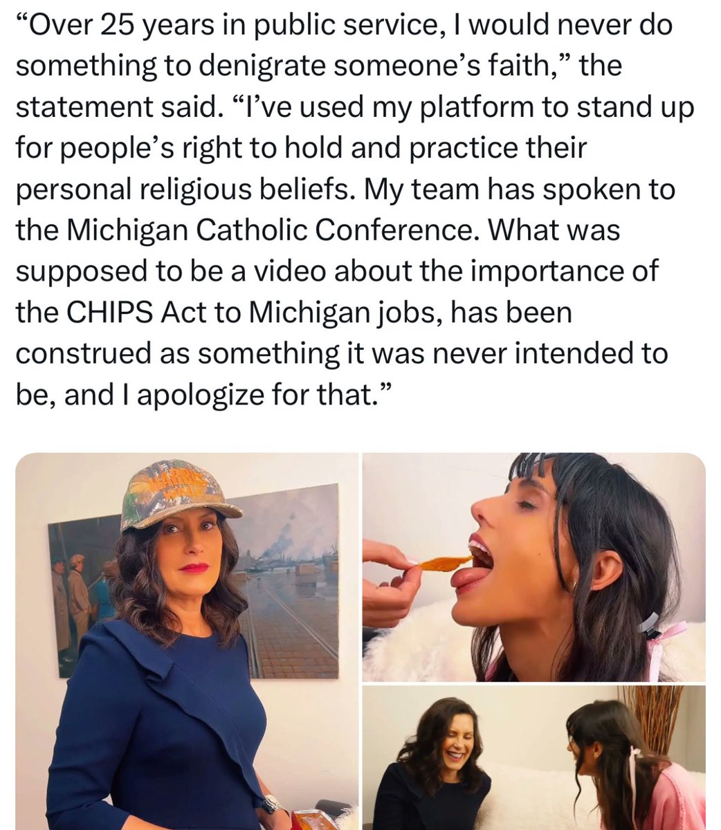 thegabriel72's tweet image. Whitmer's "apology" for mocking Holy Communion with Doritos rings hollow.

Catholics condemn her anti-Catholic bigotry.

Trump stands for religious freedom and respect. Don't fall for Whitmer's insincere apology! #ReligiousRespect #Trump2024