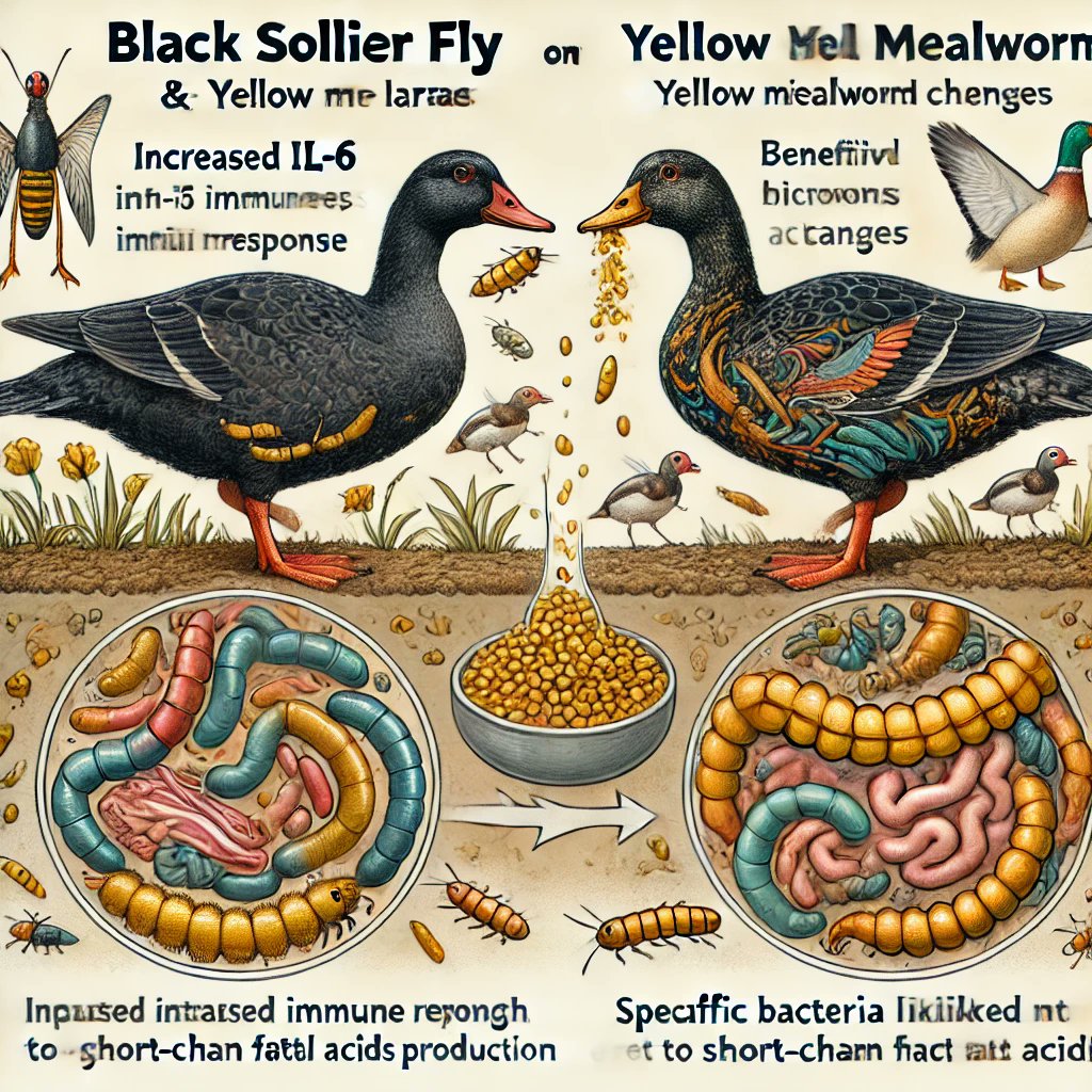 🦆 Adding Black soldier fly and Yellow mealworm larvae to Muscovy duck diets boosts gut health!  
🧬 Improved immune response (IL-6) and beneficial changes in gut microbiota, with no impact on growth or mucin composition.   
By Sara Pozzo and colleagues doi.org/10.1186/s42523…