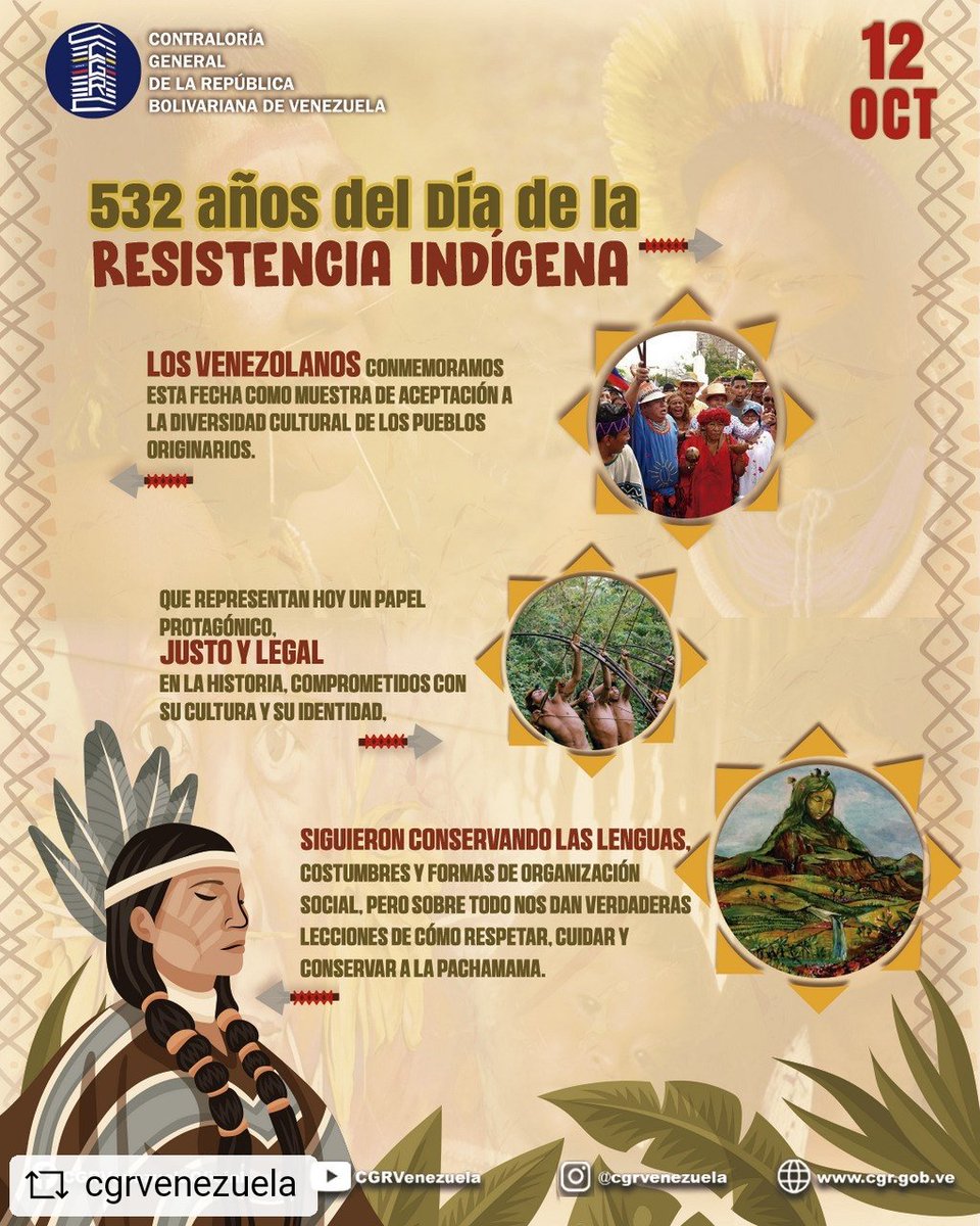 #REPOST @cgrvenezuela #12Oct Se celebra el Día de la Resistencia Indígena,para conmemorar la lucha de las víctimas de la violencia de los conquistadores españoles,arribados en 1492;siendo una fecha donde se muestra la aceptación a la diversidad cultural de los pueblos originarios