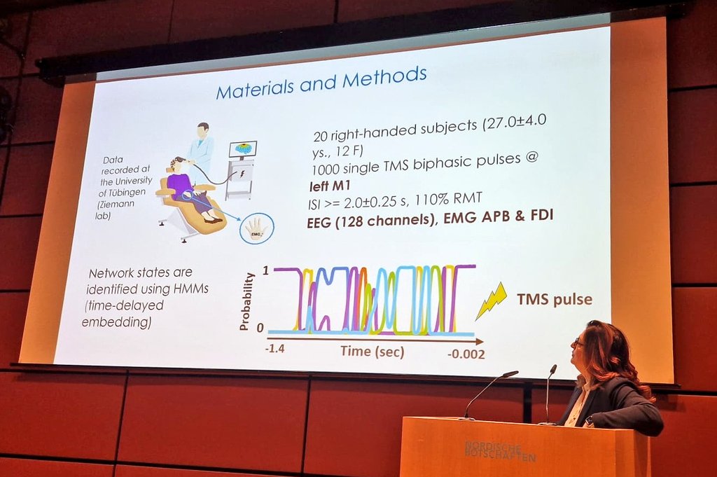 At the Symposium on #nTMS in Neurosurgery and Neuromodulation, <a href="/MarzettiLaura/">Laura Marzetti (she/her)</a> is showing the role of stimulation during dynamic reconfiguration of #brain #networks! Check it out!! 

🧠🎯👩‍🔧