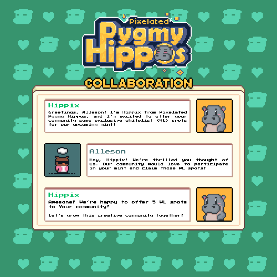 alleson_g's tweet photo. 🌟 Alleson x Pixelated Pygmy Hippos🌟
🎉We're giving away 5 WL slots! 🎉
To enter:
1️⃣ Follow @pixel_hippos and @alleson_KIND!
2️⃣ Like, RT this post & Tag 3 friends!
3️⃣ Join our discord & say "gm Pygmy Fam"
https://t.co/GI19y5opq7
Winners will be announced in 72 hours. GL!🍀 https://t.co/GS3Ip2vM9I
