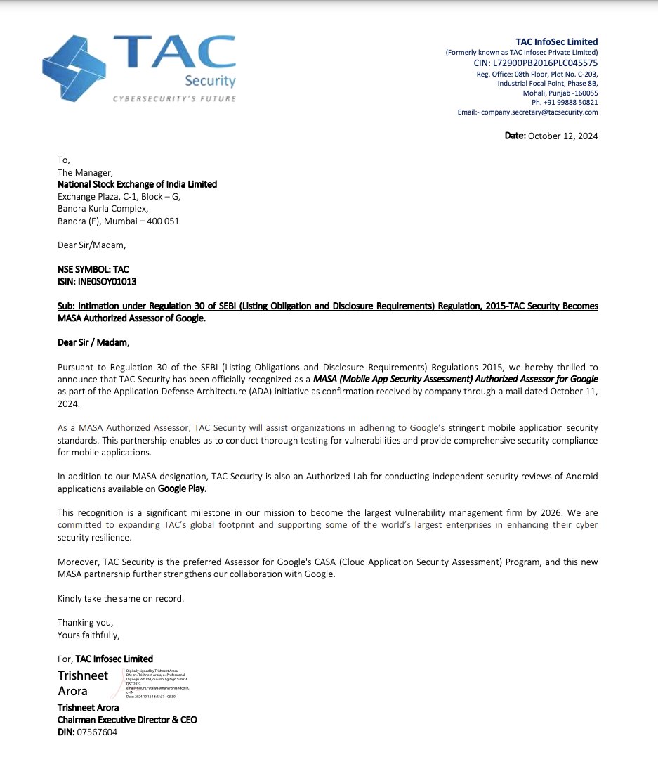 ManishK46113331's tweet image. 🚨 #TacInfosec has been officially recognized as a MASA (Mobile App Security Assessment) Authorized Assessor for Google as part of the Application Defense Architecture (ADA) initiative