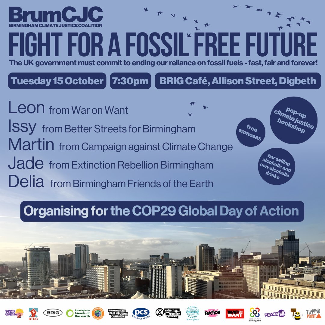 FIGHT FOR A FOSSIL FREE FUTURE!
Join us on Tuesday evening at the new BRIG Café @inTheWarehouse to hear from a great panel of speakers and to organise for the Global Day of Action for COP29.
 🎟️ bit.ly/fast_fair_fore…
🌍🐝✊🏾🌳🇵🇸🌱