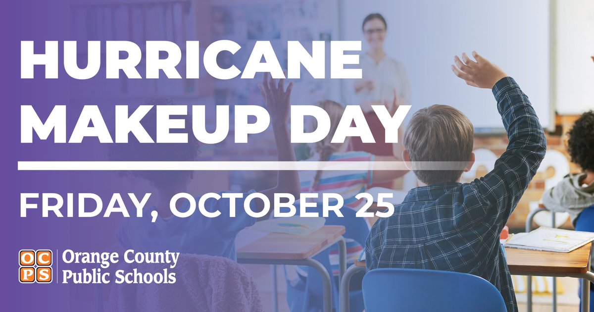ocpsnews (@ocpsnews) on Twitter photo ICYMI: Due to the number of instructional minutes in our students’ schedule we will only need to make up one of the four days missed due to Hurricane’s Helene and Milton. The makeup day will be Friday, Oct. 25 as published in the prioritized bad weather days. ICYMI: Due to the number of instructional minutes in our students’ schedule we will only need to make up one of the four days missed due to Hurricane’s Helene and Milton. The makeup day will be Friday, Oct. 25 as published in the prioritized bad weather days.
