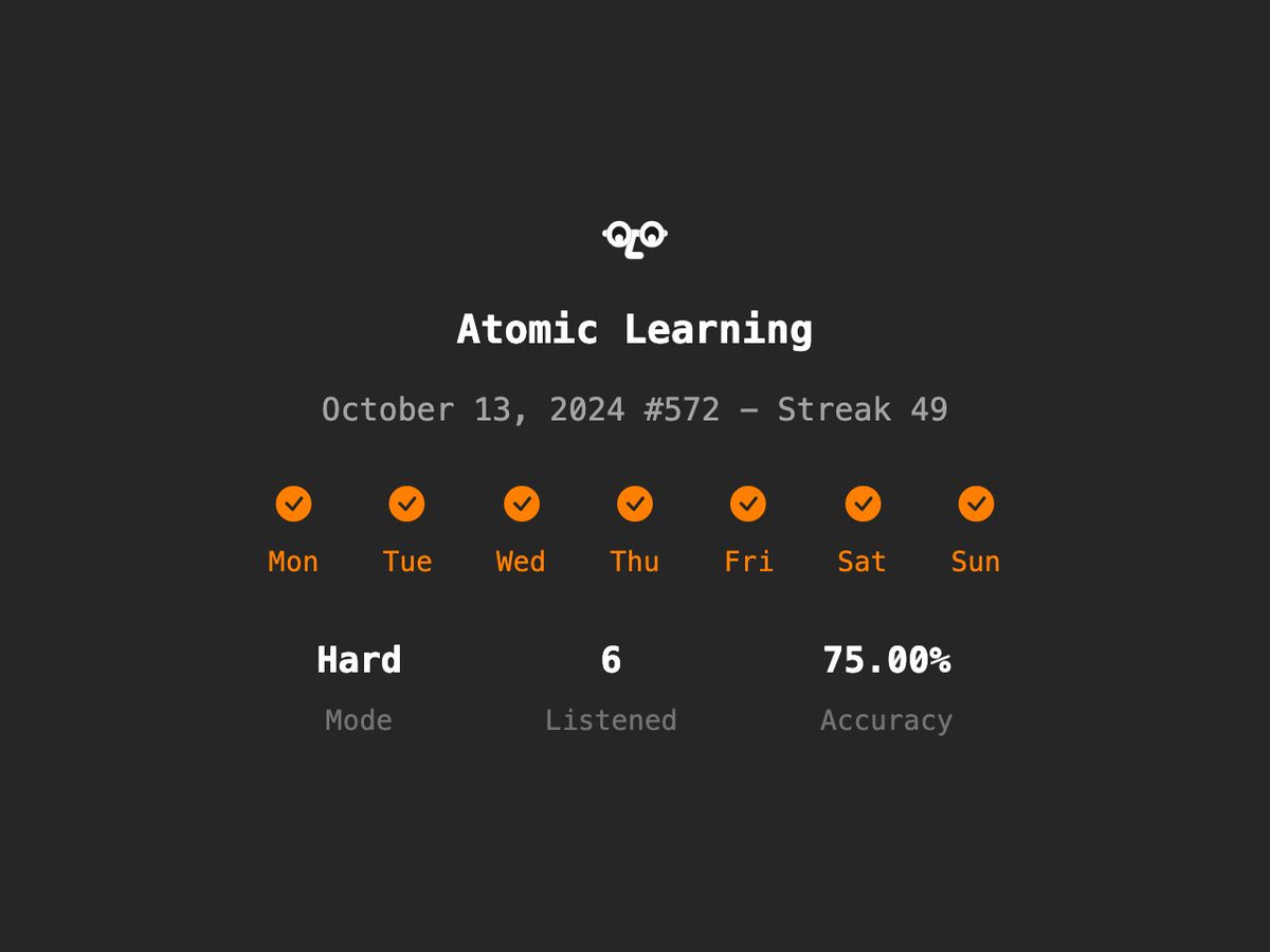 Atomic Learning #572 - Streak 49
Hard🔥/6 Listened/75.00% Accuracy
en.atomiclearning.app
<a href="/atomiclearning_/">Atomic Learning</a> #AtomicLearning #langtwt
