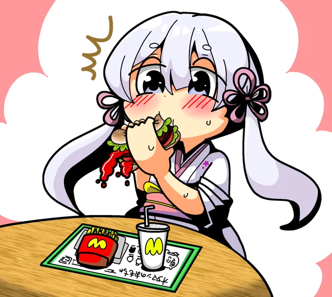 ハンバーガーを初めて食べたつくよみちゃんの絵です。