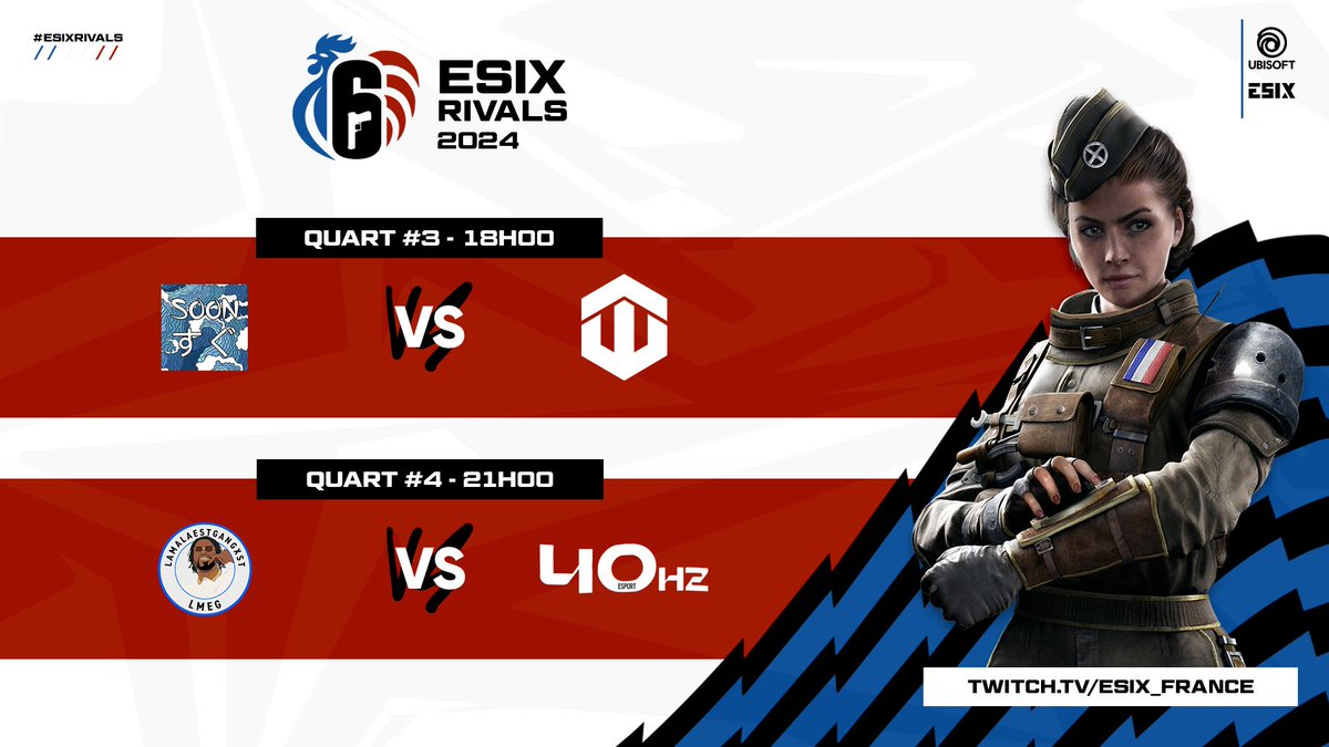 Rendez-vous ce soir à partir de 18H pour la fin des quarts de finale des ESIX Rivals ! De beaux matchs en perspective 😏 #ESIXRivals 

🎙️ <a href="/notFuZeAL/">Antoine</a>, <a href="/kamiomega/">Kamiomega</a> &amp; <a href="/iki_daimyo/">iKi</a> 
📺 twitch.tv/esix_france