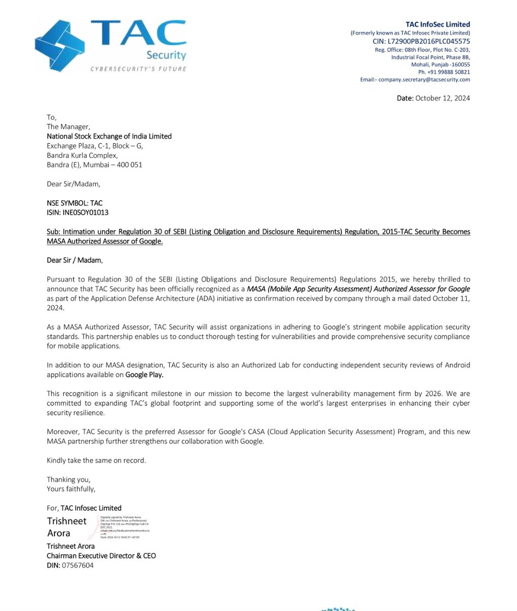 GEMSQUEST's tweet image. Now #TACSECURITY gets officially recognised as MASA (Mobile App Security Assessment) authorised assessor for GOOGLE as part of ADA.
Another achievement for TAC INFOSEC.
💎💎💎 #investments #StockMarket #stocktowatch #sme #microcaps #cybersecurity
