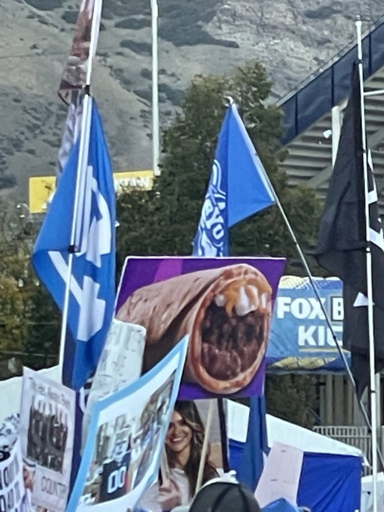 jackson5payne's tweet photo. Signs of the times. BYU fans having some fun with the assignment. https://t.co/dzfsBCkHpe