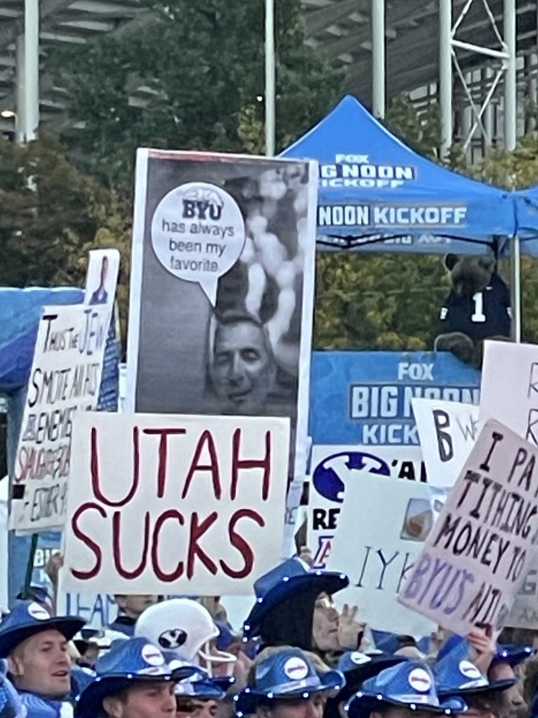 jackson5payne's tweet photo. Signs of the times. BYU fans having some fun with the assignment. https://t.co/dzfsBCkHpe