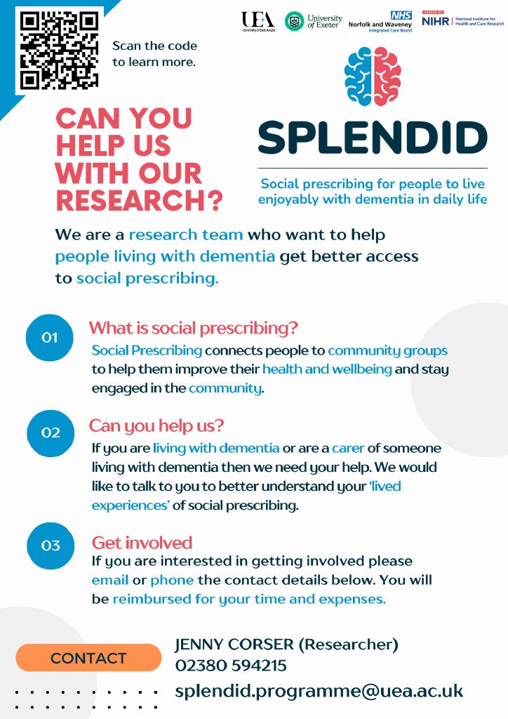 SPLENDID_prog's tweet photo. We are researchers looking to improve social prescribing for people living with dementia. We are inviting people with a dementia diagnosis and their caregivers to share their stories. Contact Jenny on j.c.corser@soton.ac.uk or 02380 594215. Thank you. https://t.co/rdjsO2YkGm