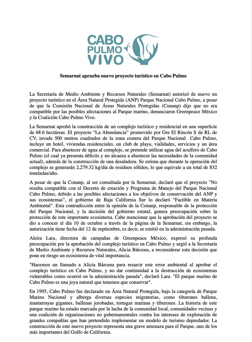 #Alerta
Prácticamente en lo oscurito, <a href="/SEMARNAT_mx/">SEMARNAT México</a> autorizó un proyecto turístico y residencial en los linderos del Parque Nacional #CaboPulmo, a pesar de que <a href="/CONANP_mx/">CONANP</a> opinó en su momento que no era compatible por las posibles afectaciones al Área Natural Protegida.