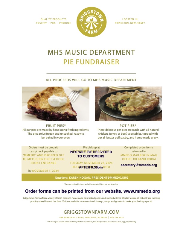 Pie &amp; Apparel Sales going on now! Students pick up pies 11/26 at the high school &amp; deliver to customers. We still have an ad sale going on for students' individual accounts. Info on our website home page mmedo.org !