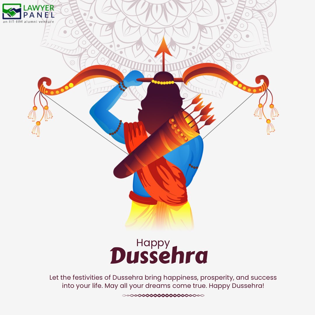lawyerpanelIN's tweet photo. On this auspicious day of Dussehra, may the triumph of good over evil bring peace, prosperity, and happiness to all. Let’s embrace the lessons of courage, righteousness, and hope! 

Wishing everyone a joyous and blessed Dussehra! #HappyDussehra #VictoryOfGood #FestivalOfJoy #Dussehra2024