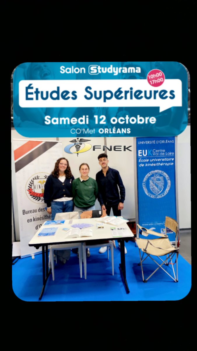 Judith_FNEK's tweet photo. 🟡🔵 Découvrez aujourd'hui la FNEK au Salon Studyrama à Orléans ! Venez rencontrer notre équipe et explorer les opportunités passionnantes de la filière de kinésithérapie ! Apprenez-en plus sur la formation, le métier et les débouchés. #Studyrama #FNEK https://t.co/u7863C8vQy