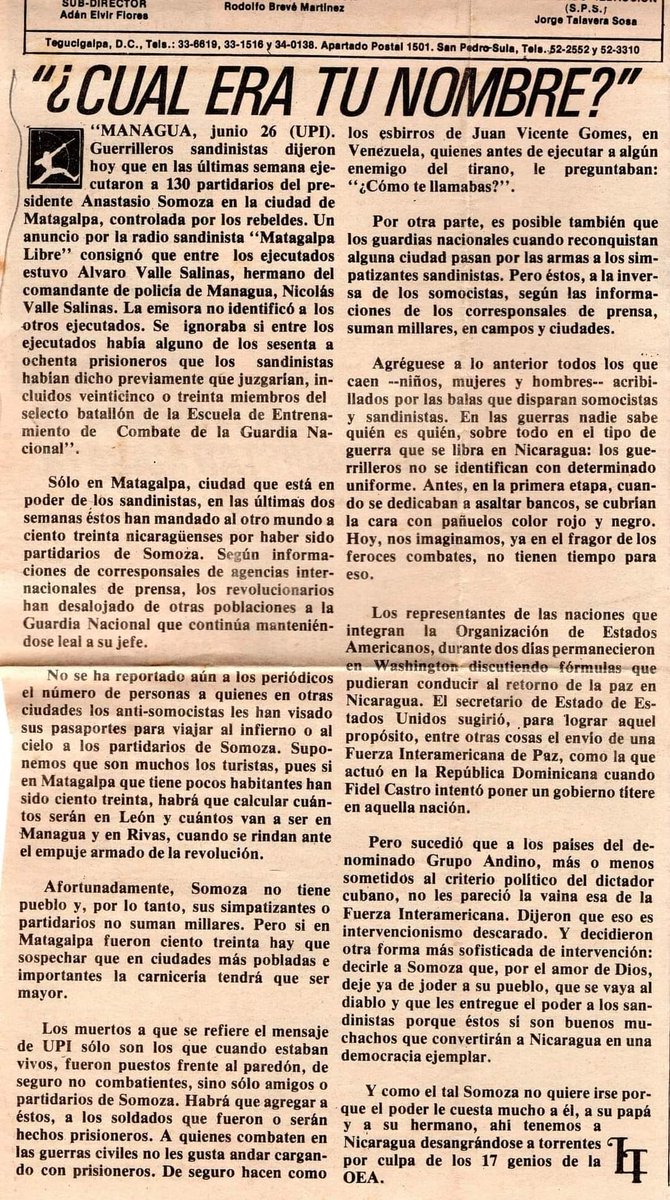 EntrelineasNoOf's tweet photo. JUNIO 1979

MATAGALPA

Los SANDINISTAS habían EJECUTADO a 130 partidarios de SOMOZA en apenas DOS SEMANAS. Según la UPI, se temía que la "CARNICERÍA" fuese mayor en ciudades más pobladas

CENSURADO POR LOS DIZQUE PERIODISTAS E HISTORIADORES PIRICUACOS https://t.co/SM2BE37qlR