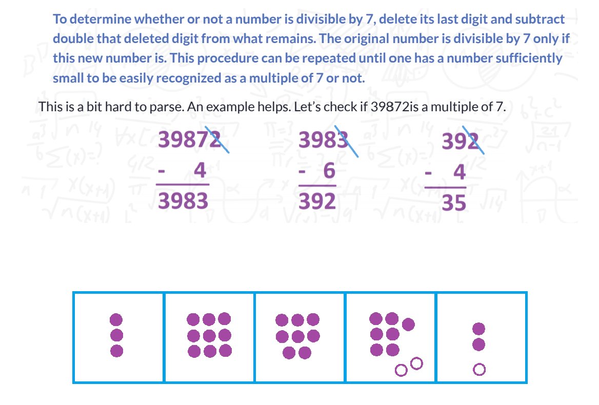 jamestanton's tweet image. Can you explain this bizarre divisibility rule for the number 7 using #explodingdots? 

It&apos;s Day 4 of Global Math Week! #gmw2024
globalmathproject.org