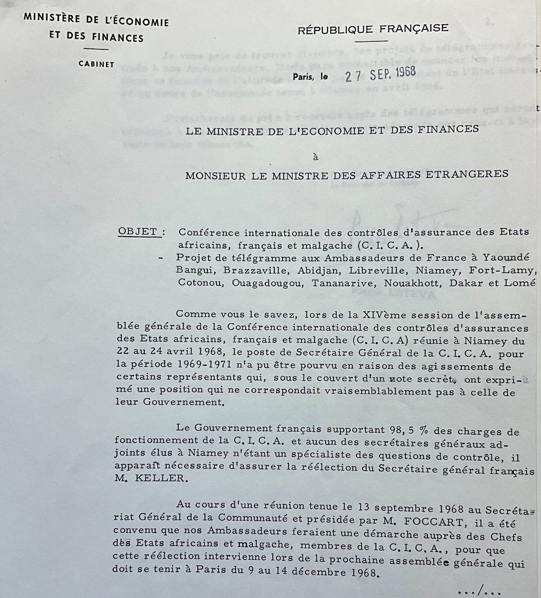 En 1968, la France finance 98,5% du fonctionnement de la conférence internationale de contrôle d'assurances des Etats africains, français et malgache. Foccart et al manigancent après l'élection perdue de son Secrétaire général (Keller) français
<a href="/fpigeaud/">Fanny Pigeaud / @fpigeaud.bsky.social</a> <a href="/GaetanThomas/">gae</a> <a href="/nssylla/">Ndongo Samba Sylla/nssylla.bsky.social</a>